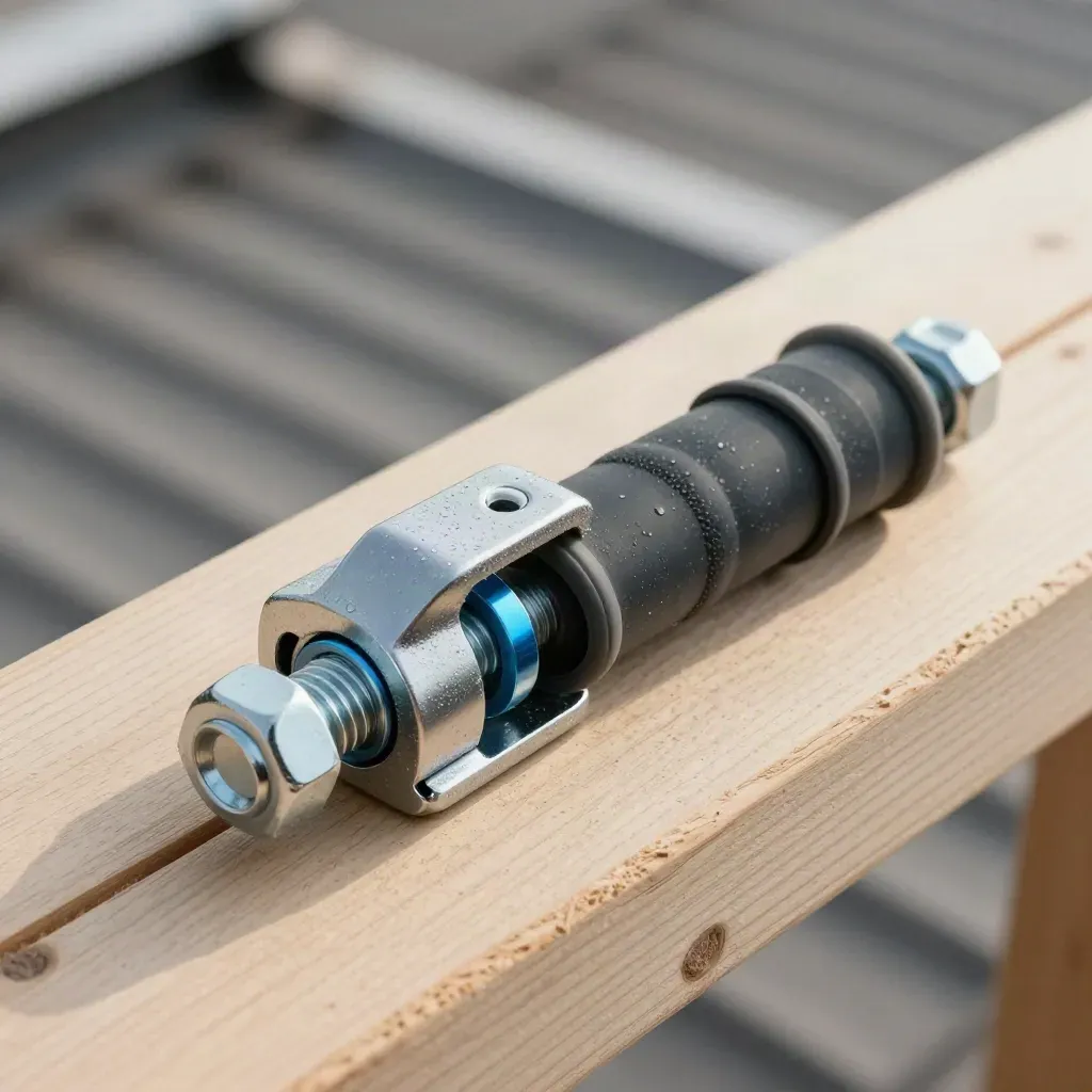Mast clamp, galvanized bolts, and damping sleeves on pale wood in cold morning haze.