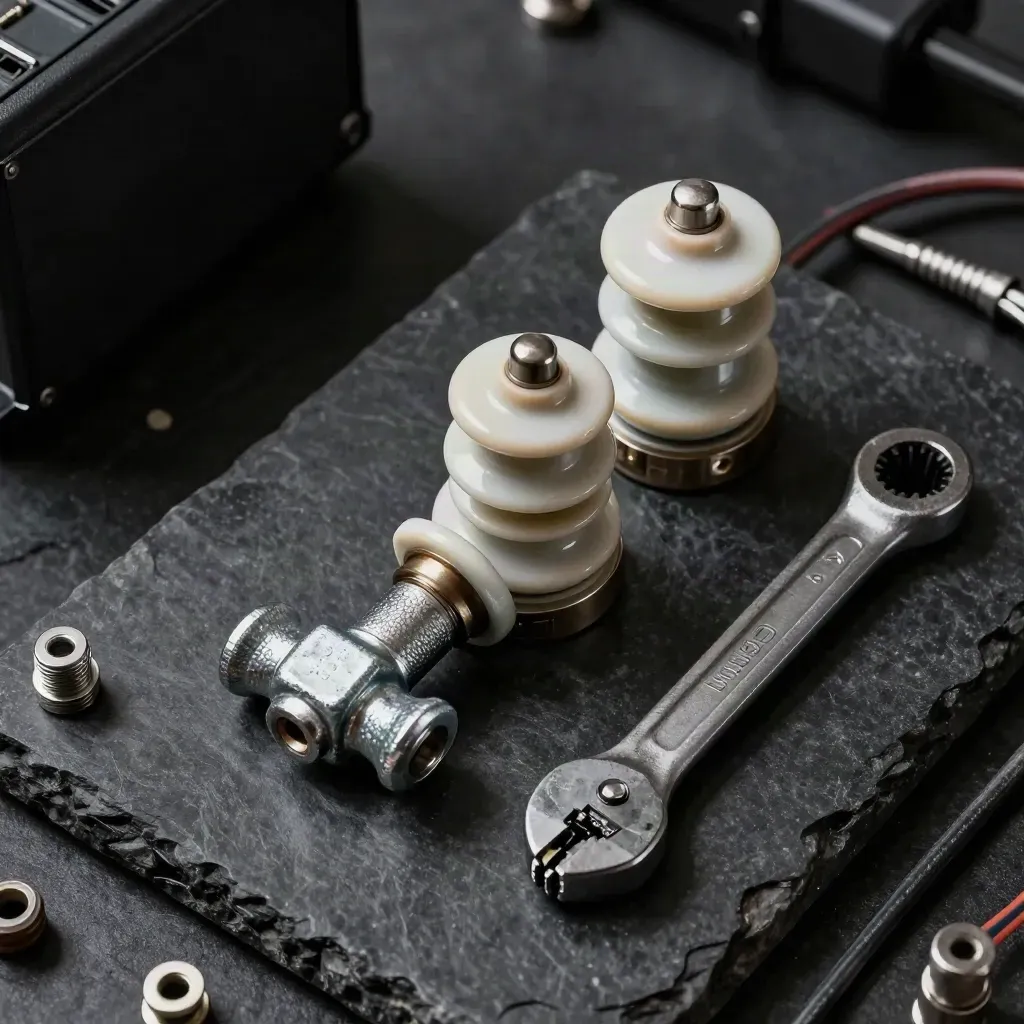Macro flatlay of relay test gear, lug, insulator cap and torque wrench on black stone.