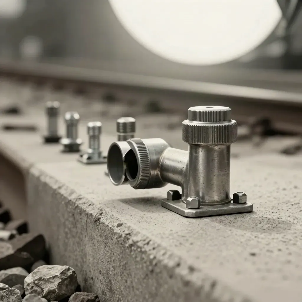 Rail hardware arranged on pale concrete in a cool, precise macro close-up.