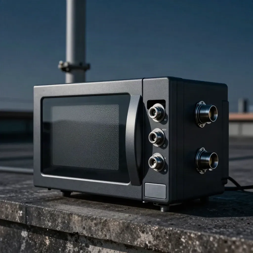 Matte-black microwave radio unit with RF couplers on a concrete rooftop service ledge.