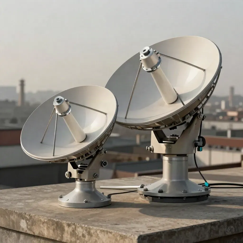 Twin parabolic dish antennas with feed arms and brackets on a concrete plinth.