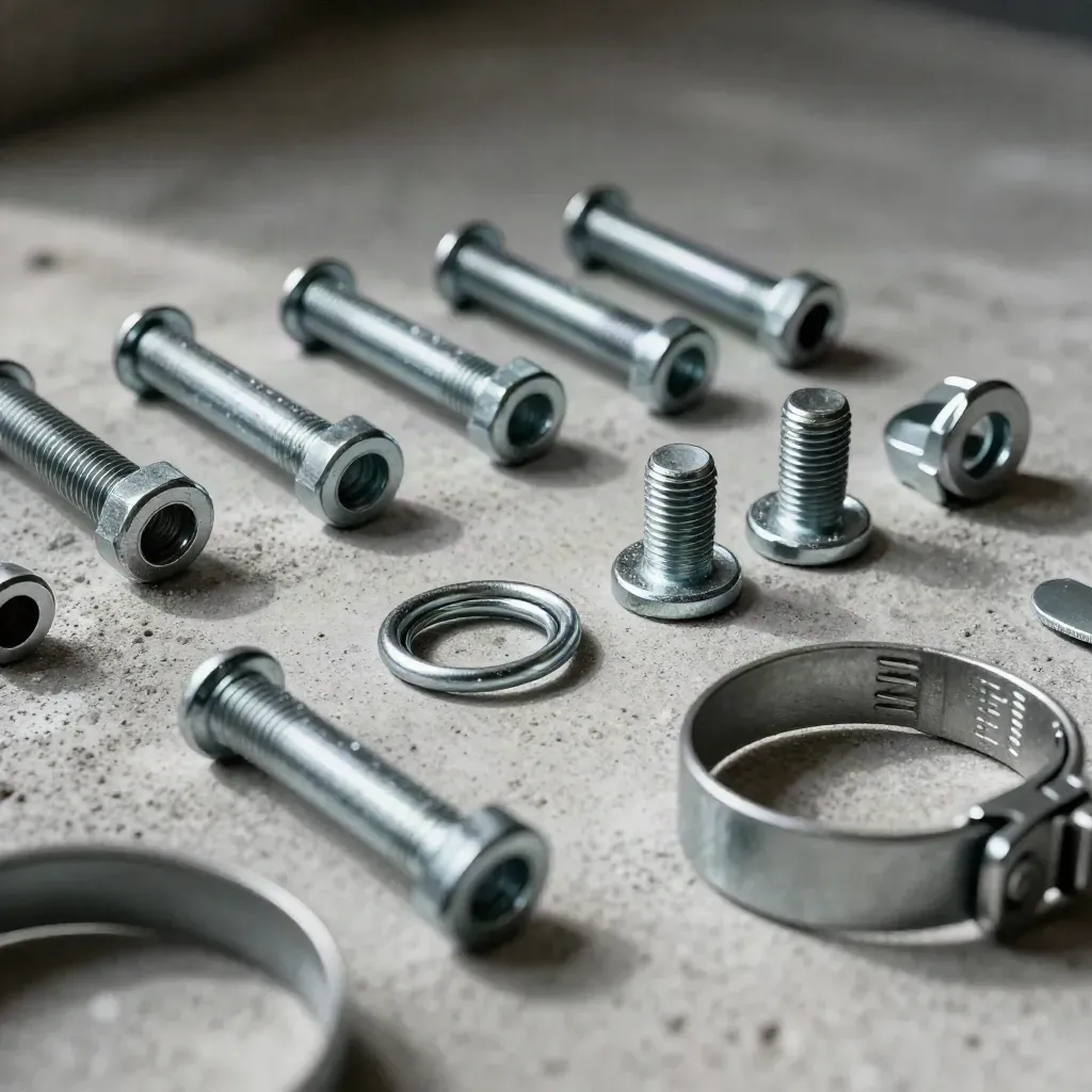 Macro flatlay of tower rigging hardware on concrete with soft workshop light.