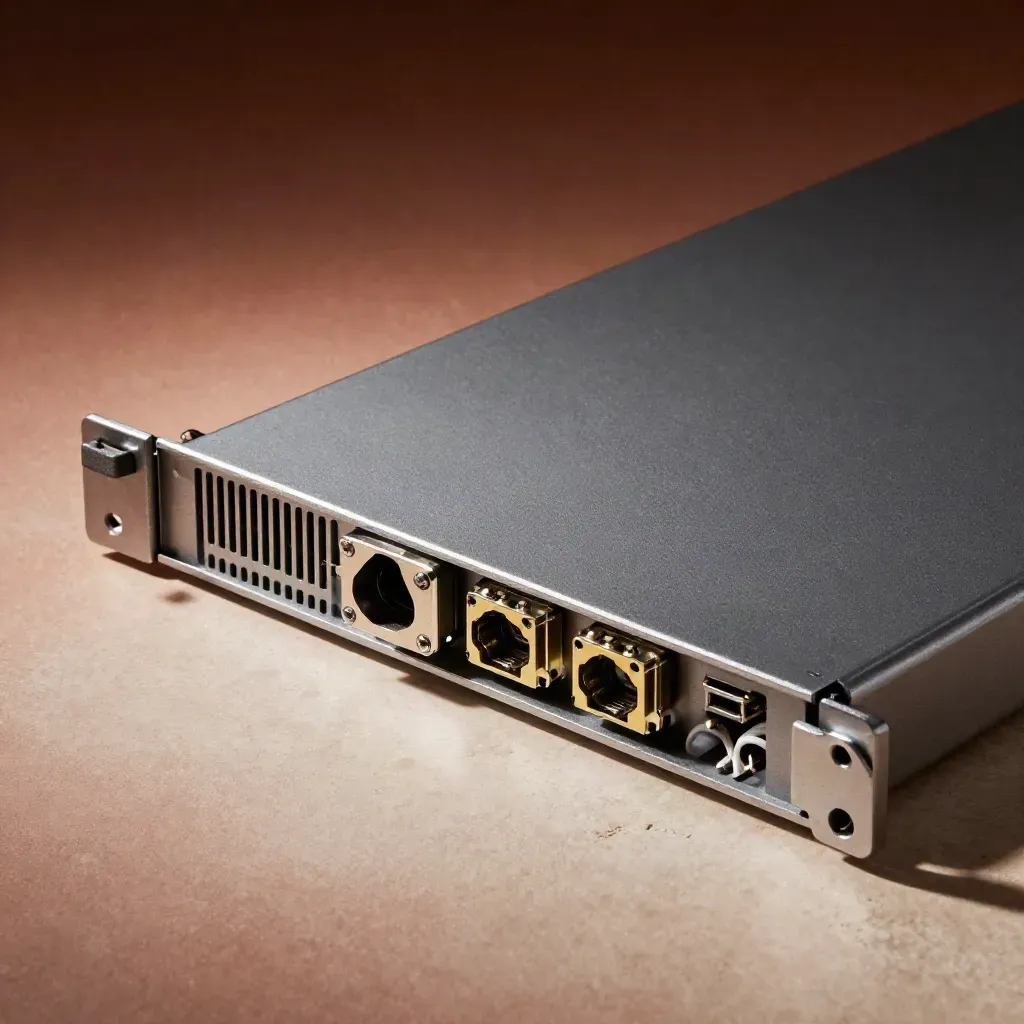 Top-down macro of packet transport chassis with optics and fiber loop on a terracotta stone surface.