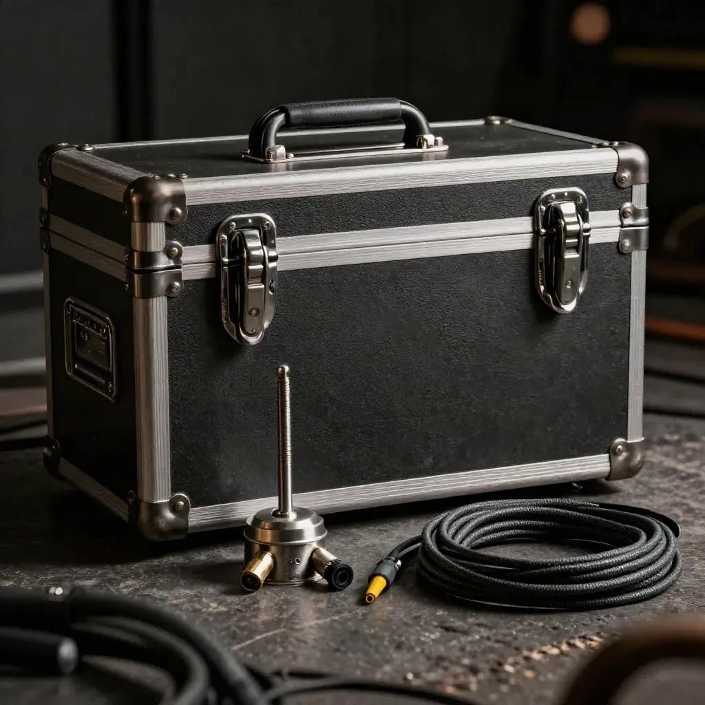 Rugged telecom transport kit with case, antenna base, connectors, and coiled cable on dark stone.