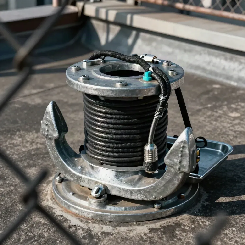 Tower anchor hardware and lanyard behind a blurred chain-link fence on a rooftop