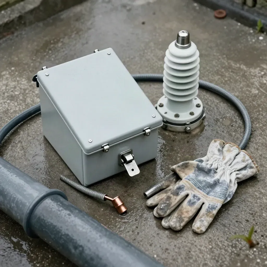 Storm-check utility kit: junction box, porcelain insulator, grounding braid and gloves on concrete.