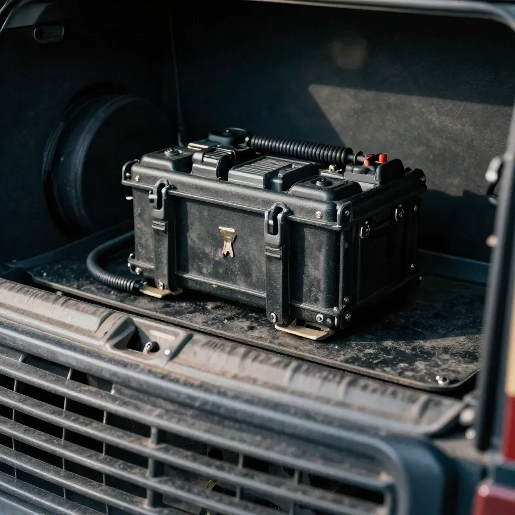 Dispatch radio gear in a command vehicle, shot through a blurred grille