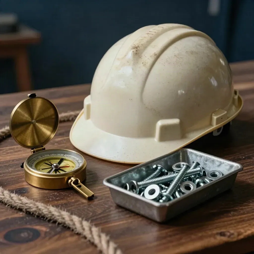 Weathered hardhat, brass compass, and bolt tray on a dark workbench with rope coil foreground