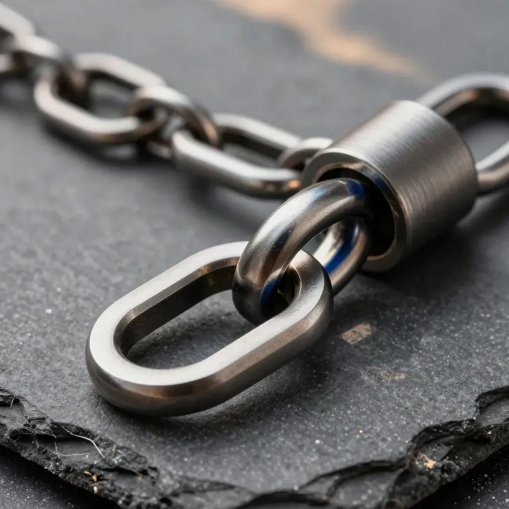 Steel rings and a connector sleeve linked on basalt under soft daylight, with a subtle midnight-blue reflection.