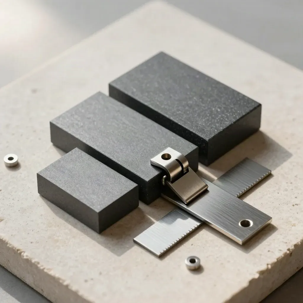Graphite blocks, spring latch, and alignment plate arranged on pale stone in a precise top-down flatlay