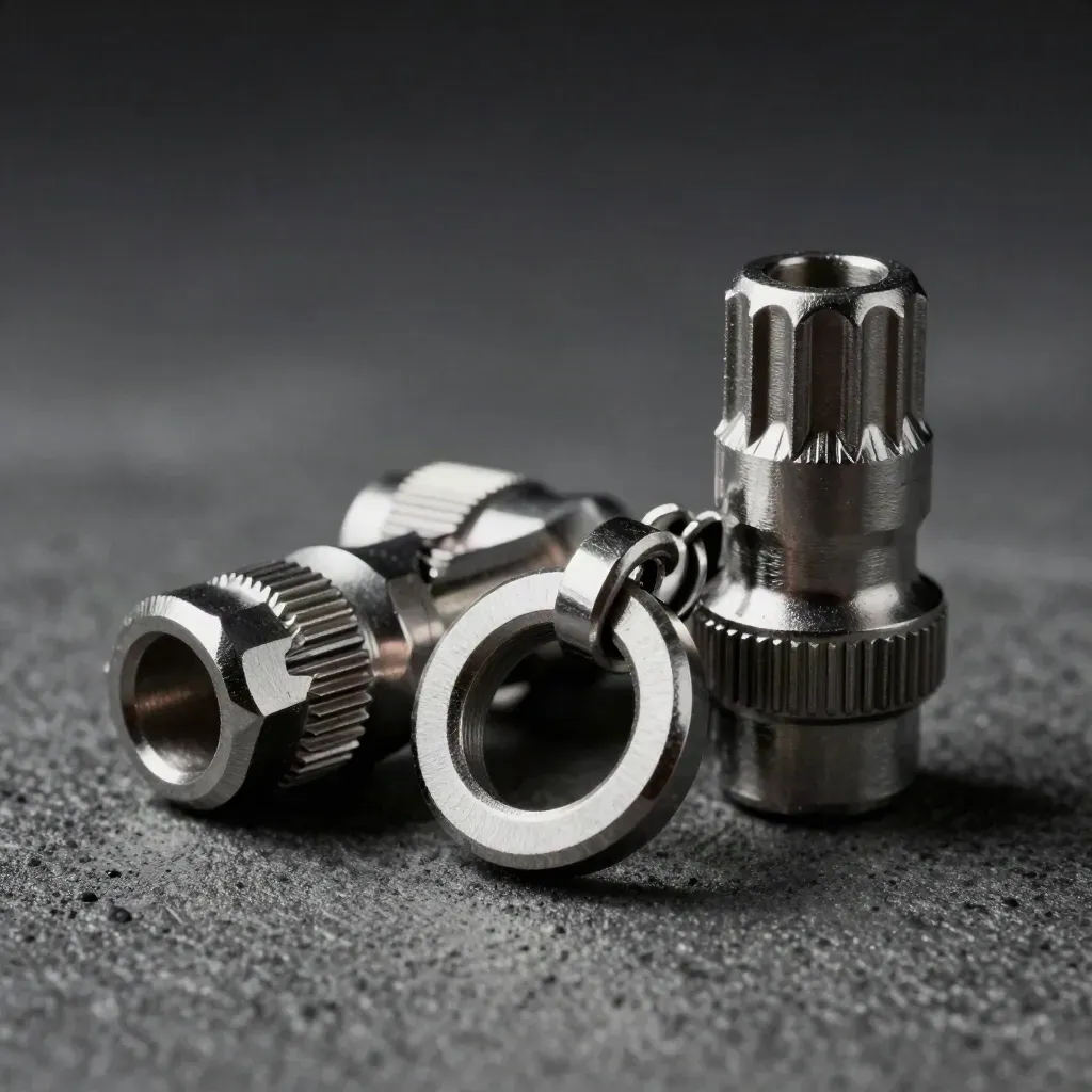 Macro cluster of clamp hardware, cable ferrules, and linked rings on charcoal concrete.